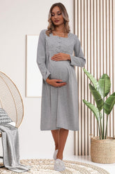 Flowery Guipure Collar Maternity & Nursing Nightgown Grey - 6103