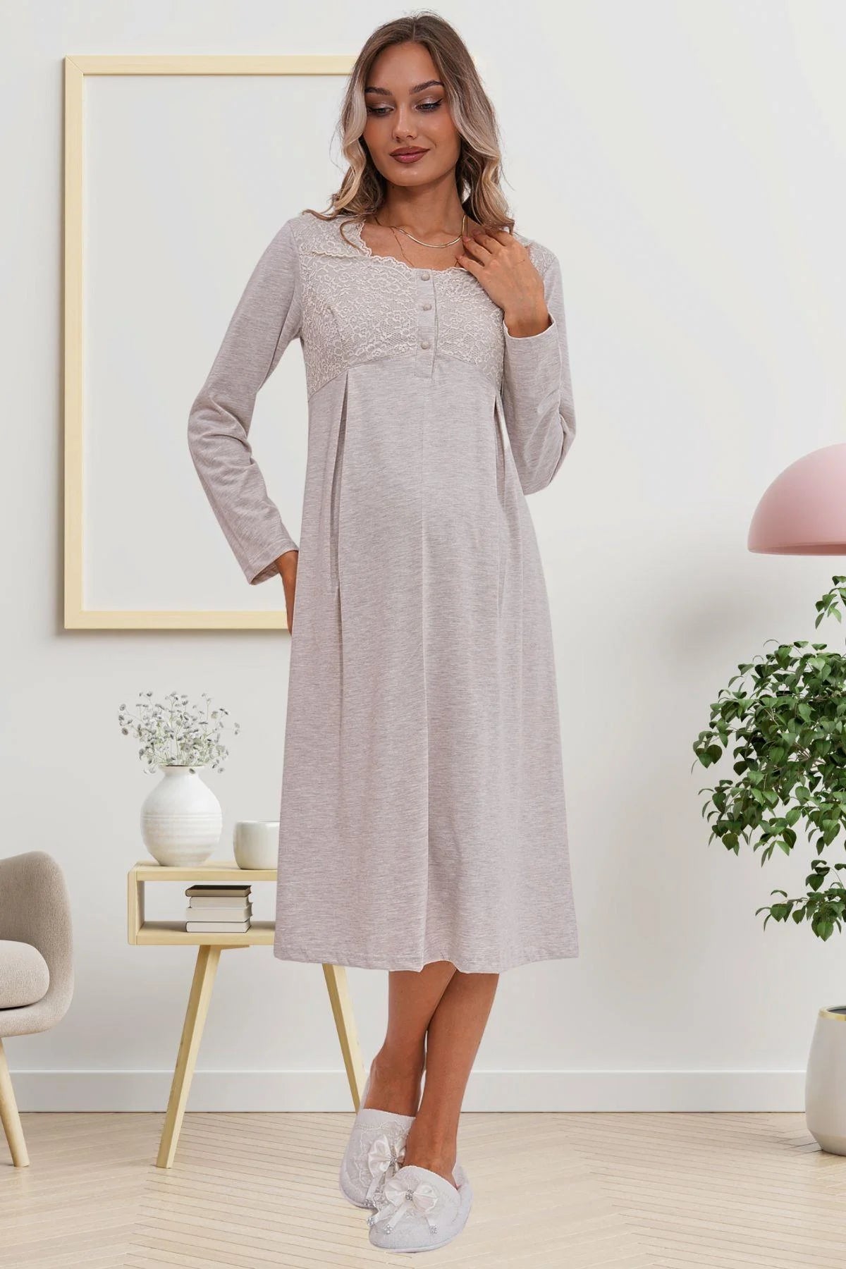 Flowery Guipure Collar Maternity & Nursing Nightgown Mink - 6103