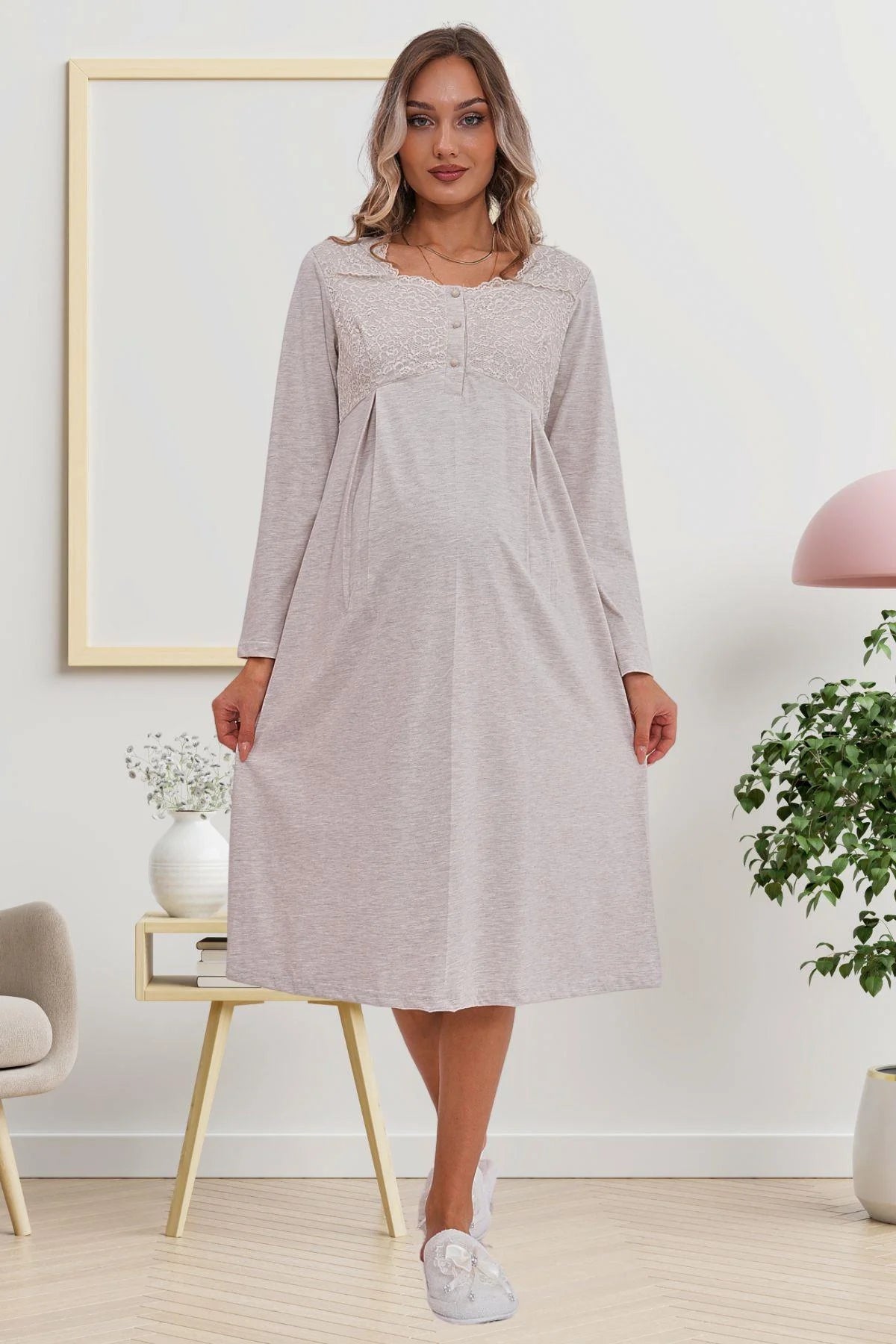 Flowery Guipure Collar Maternity & Nursing Nightgown Mink - 6103