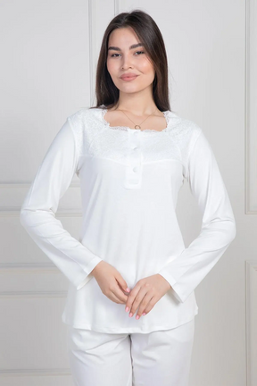 Lace Collar Maternity & Nursing Pajamas Ecru - 6104