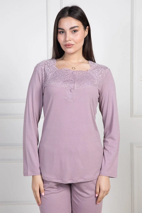 Lace Collar Maternity & Nursing Pajamas Dried Rose - 6104