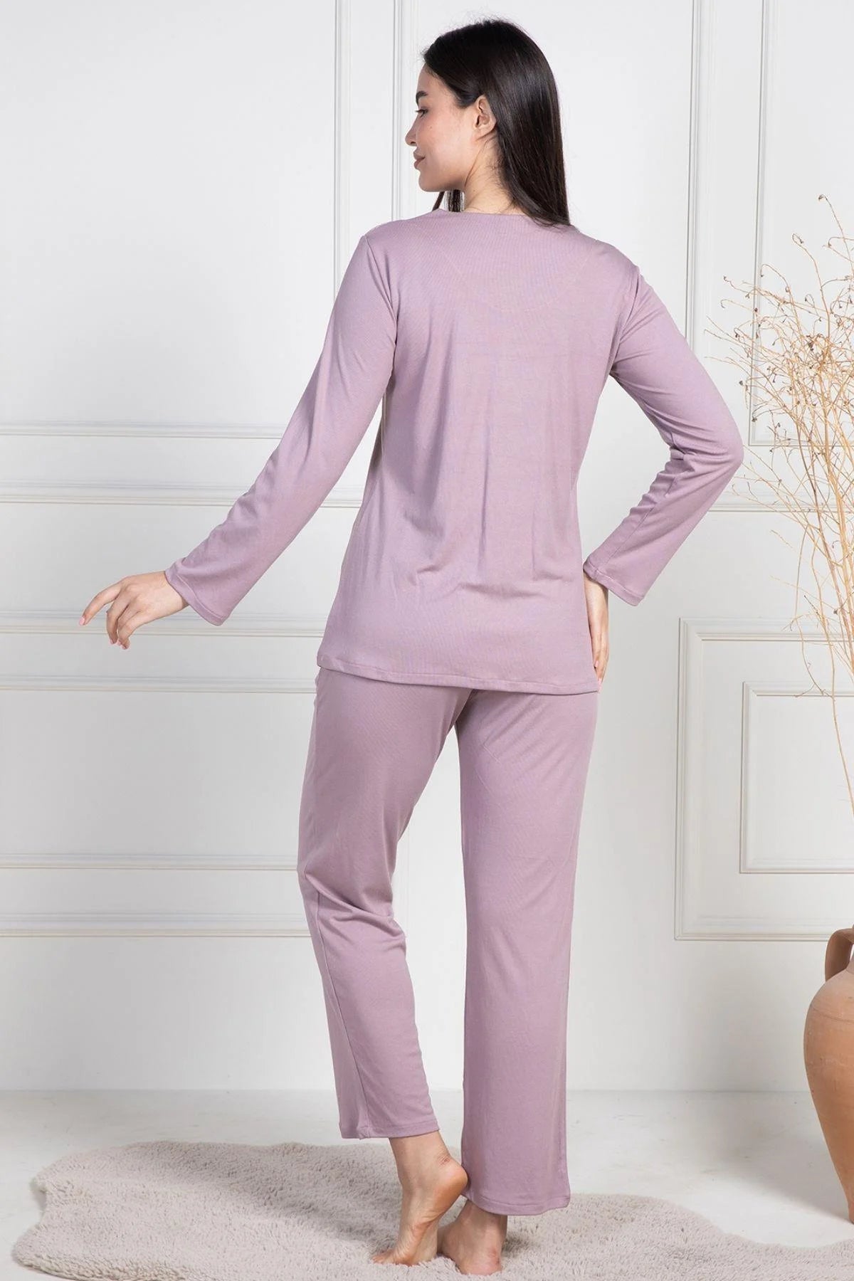 Lace Collar Maternity & Nursing Pajamas Dried Rose - 6104