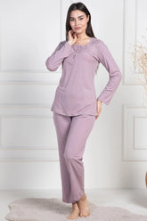 Lace Collar Maternity & Nursing Pajamas Dried Rose - 6104