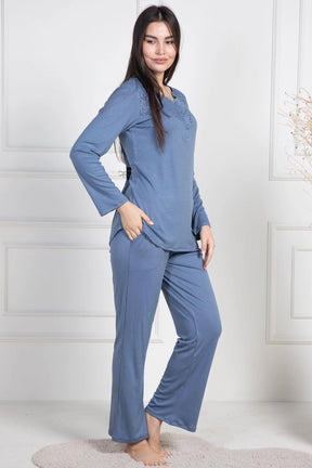 Lace Collar Maternity & Nursing Pajamas Indigo - 6104