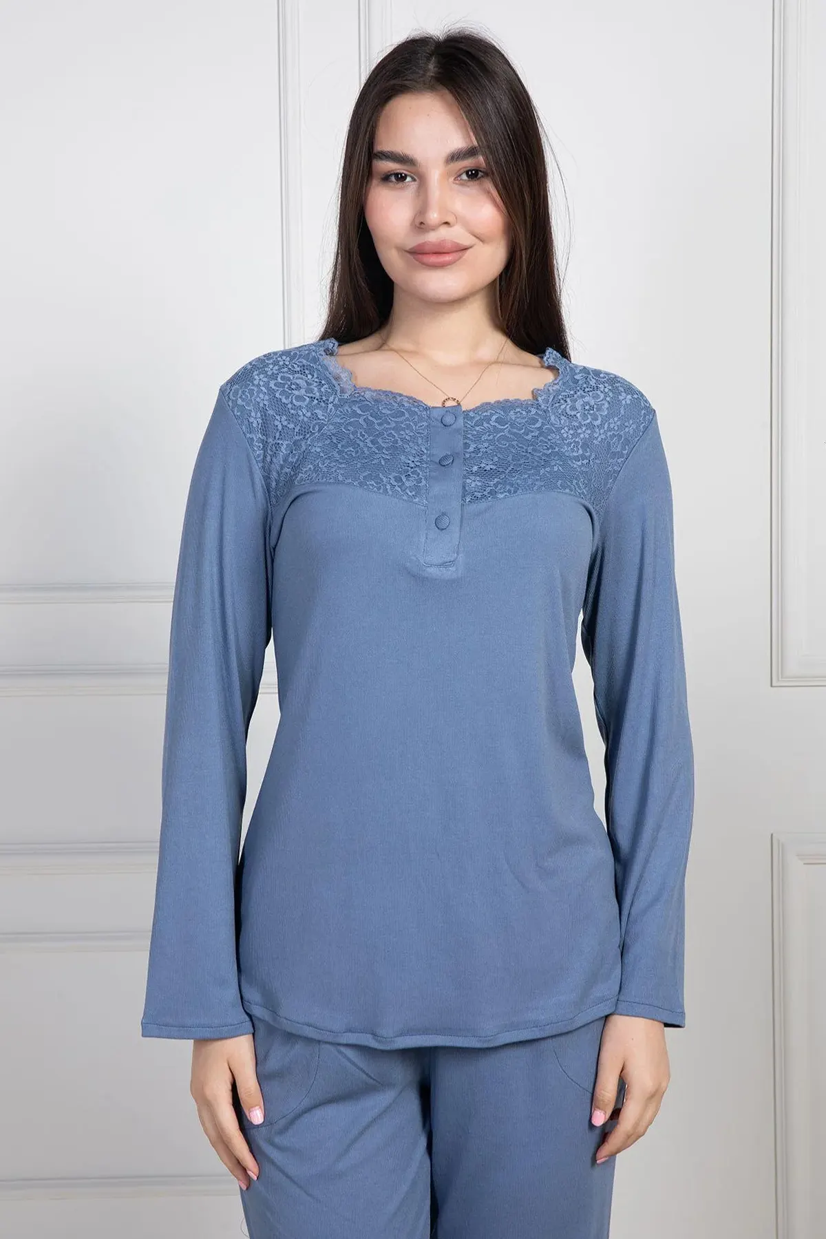 Lace Collar Maternity & Nursing Pajamas Indigo - 6104