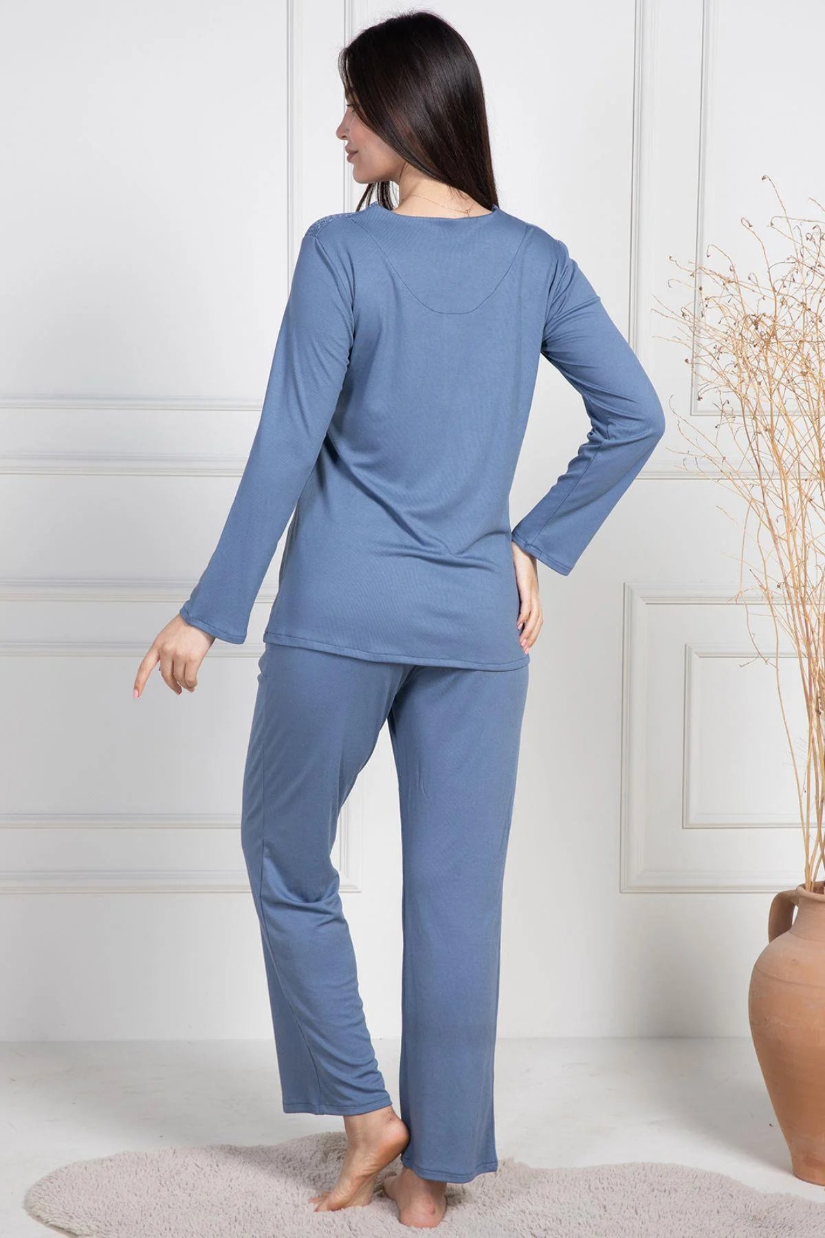 Lace Collar Maternity & Nursing Pajamas Indigo - 6104