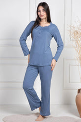 Lace Collar Maternity & Nursing Pajamas Indigo - 6104