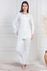 Lace Collar Buttoned Maternity & Nursing Pajamas Ecru - 6105