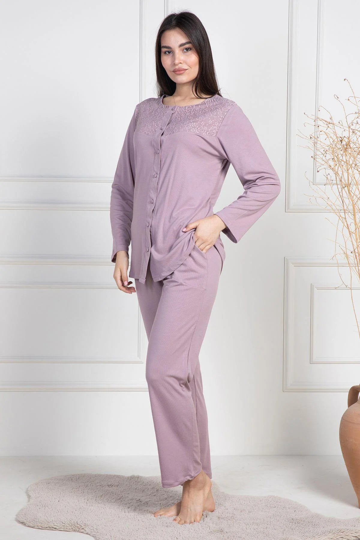 Lace Collar Buttoned Maternity & Nursing Pajamas Dried Rose - 6105