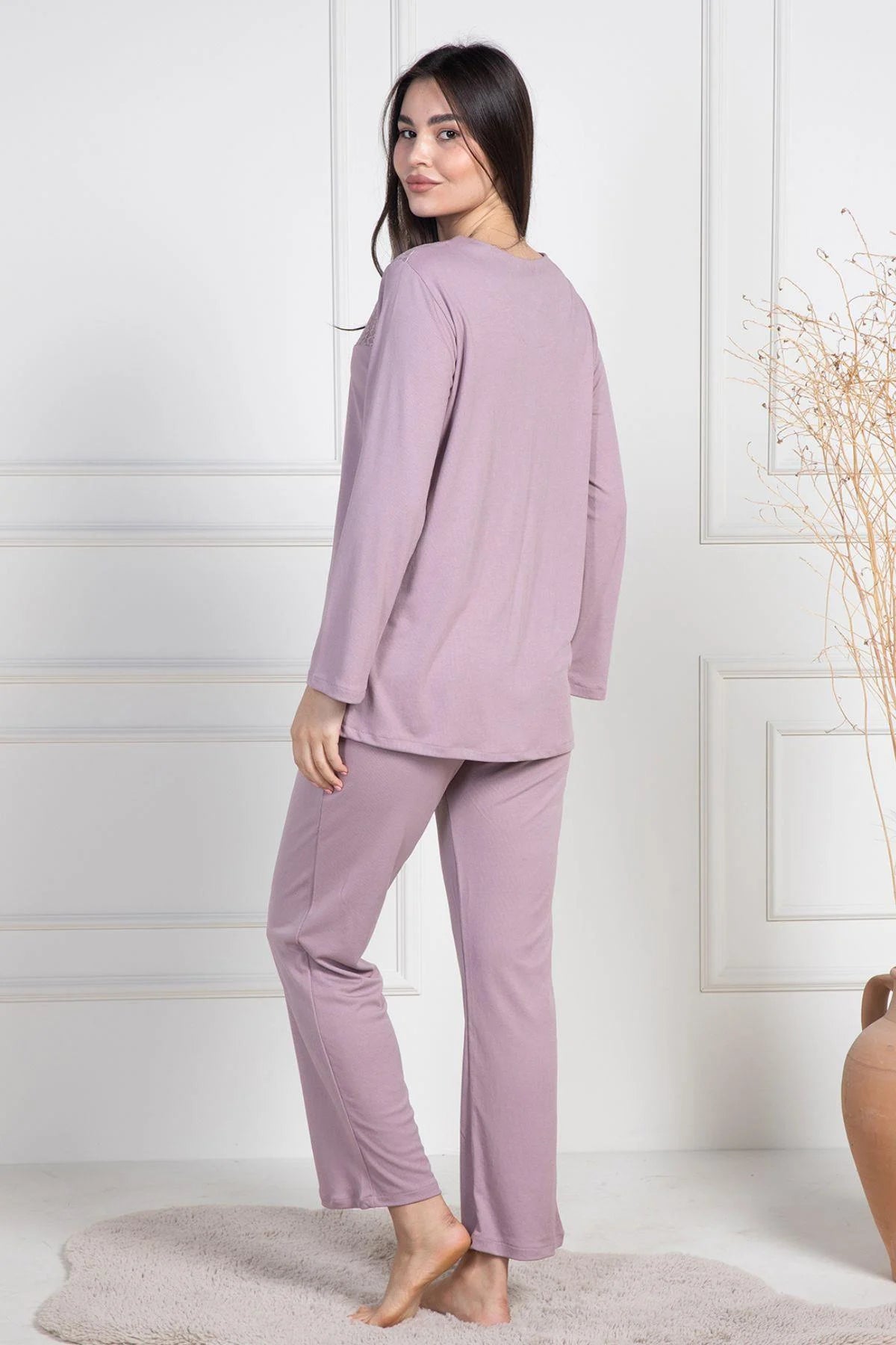 Lace Collar Buttoned Maternity & Nursing Pajamas Dried Rose - 6105