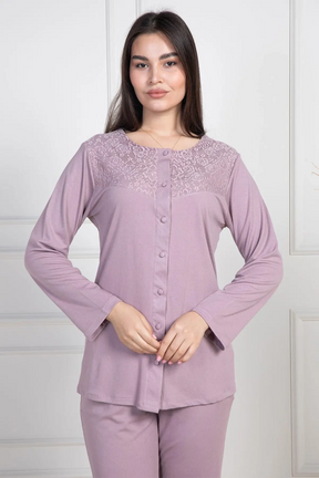 Lace Collar Buttoned Maternity & Nursing Pajamas Dried Rose - 6105