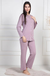 Lace Collar Buttoned Maternity & Nursing Pajamas Dried Rose - 6105