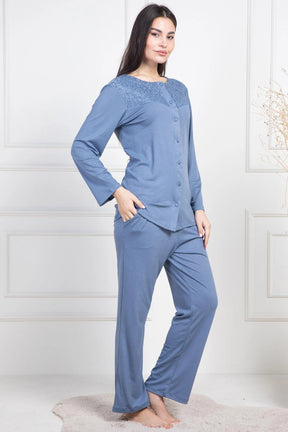 Lace Collar Buttoned Maternity & Nursing Pajamas Indigo - 6105