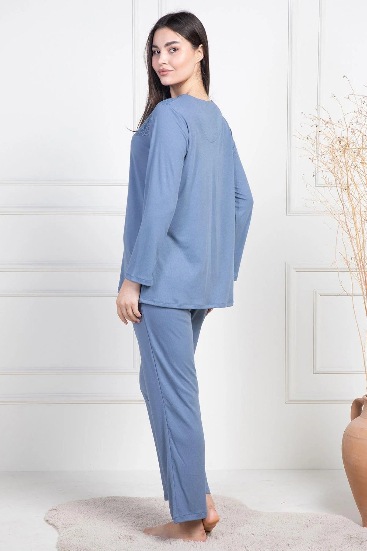 Lace Collar Buttoned Maternity & Nursing Pajamas Indigo - 6105