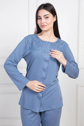 Lace Collar Buttoned Maternity & Nursing Pajamas Indigo - 6105