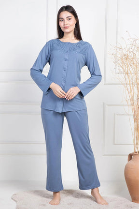 Lace Collar Buttoned Maternity & Nursing Pajamas Indigo - 6105