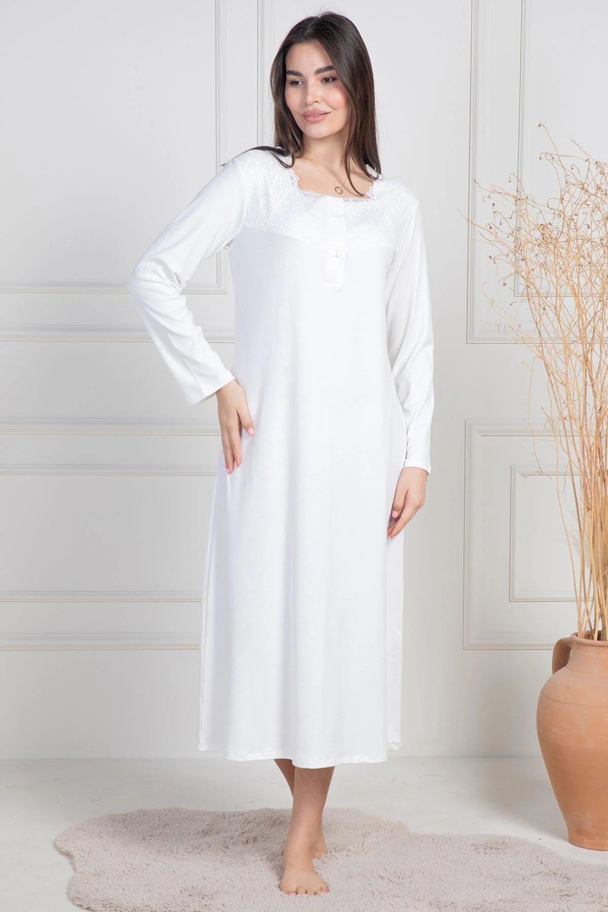 Lace Collar Maternity & Nursing Nightgown Ecru - 6106