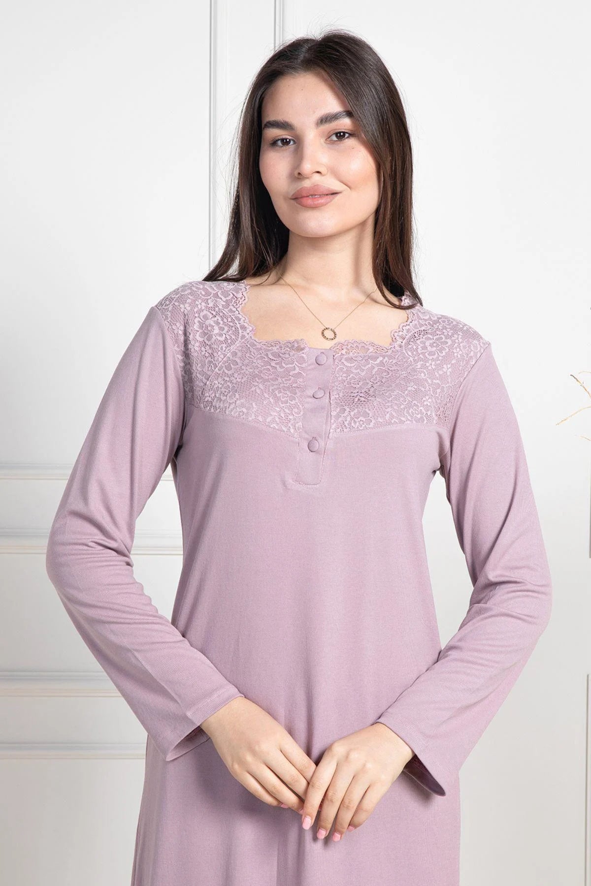 Lace Collar Maternity & Nursing Nightgown Dried Rose - 6106