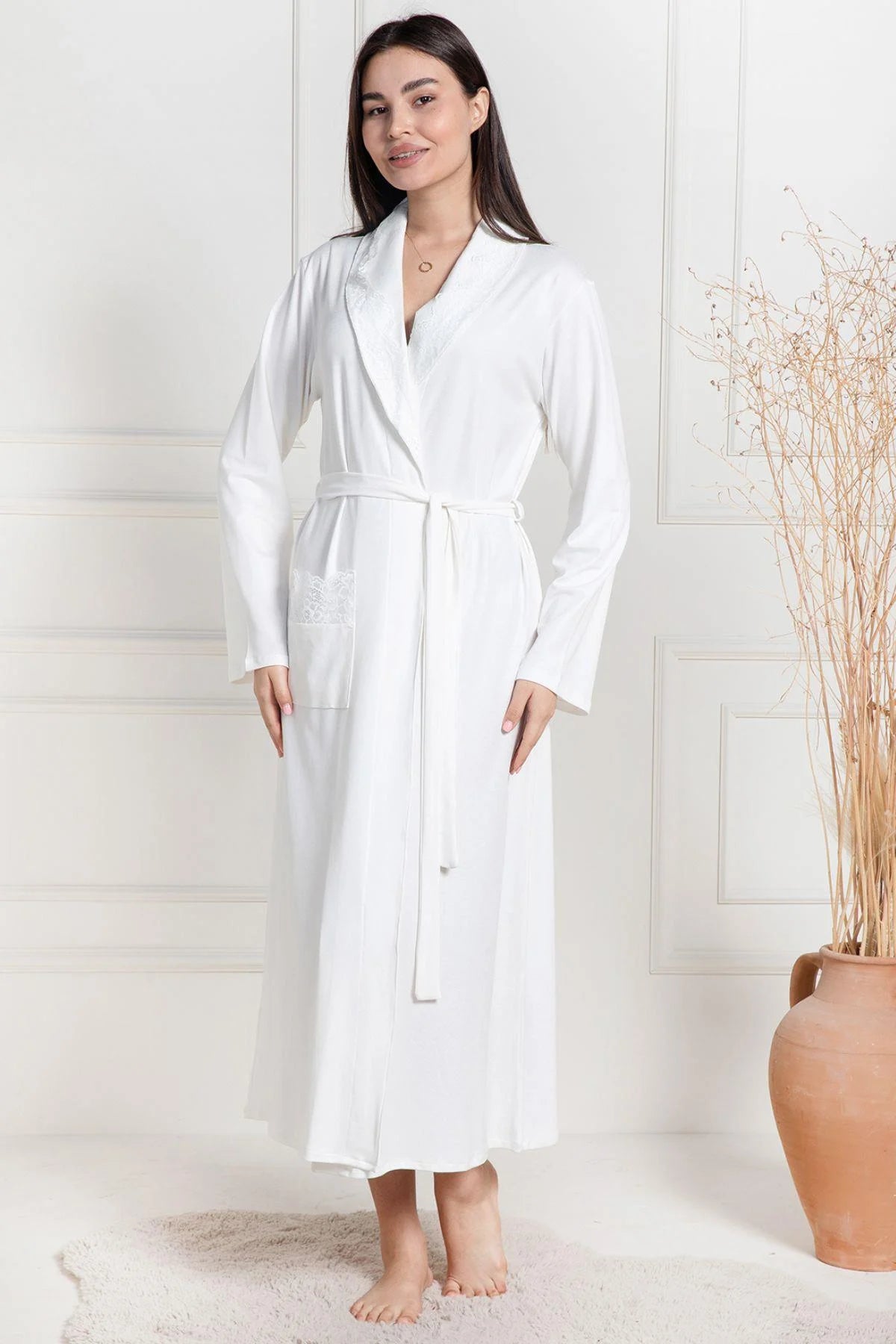 Lace Collar Maternity Robe Ecru - 6107