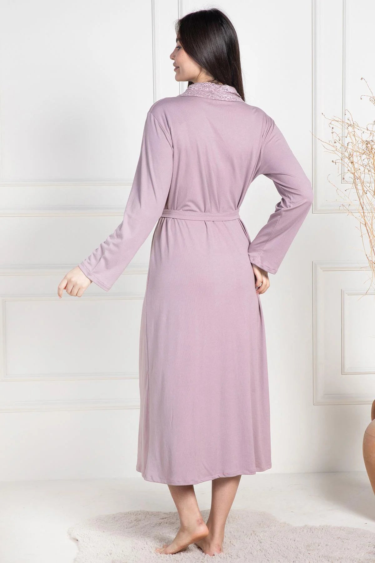 Lace Collar Maternity Robe Dried Rose - 6107