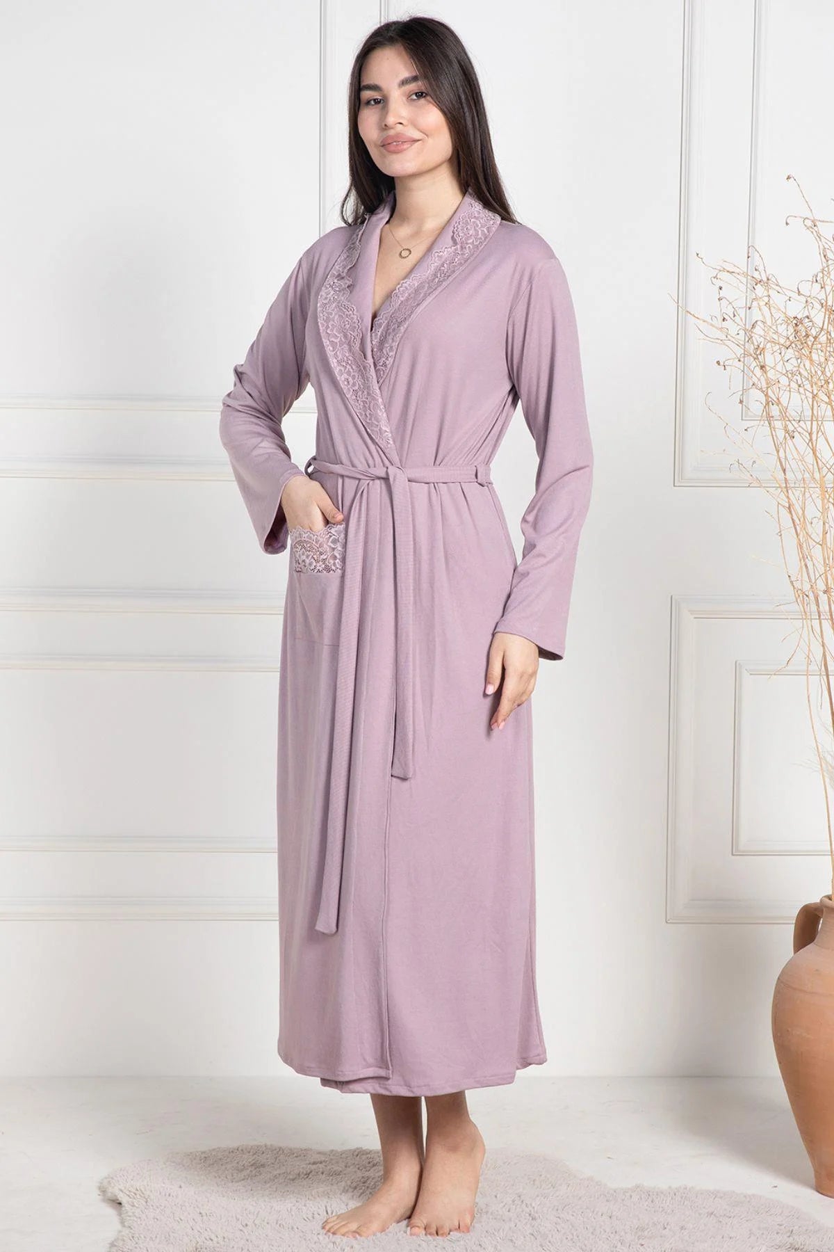 Lace Collar Maternity Robe Dried Rose - 6107