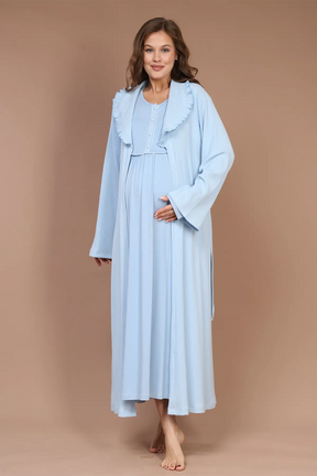 Collar Detailed Maternity-Nursing Nightgown & Robe Set Blue - 610