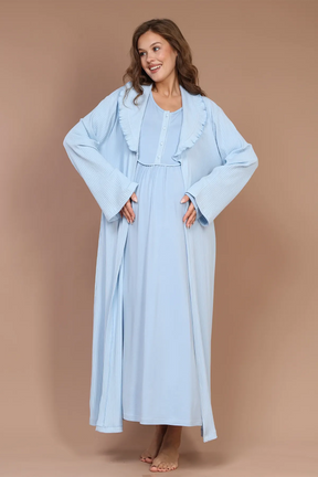 Collar Detailed Maternity-Nursing Nightgown & Robe Set Blue - 610