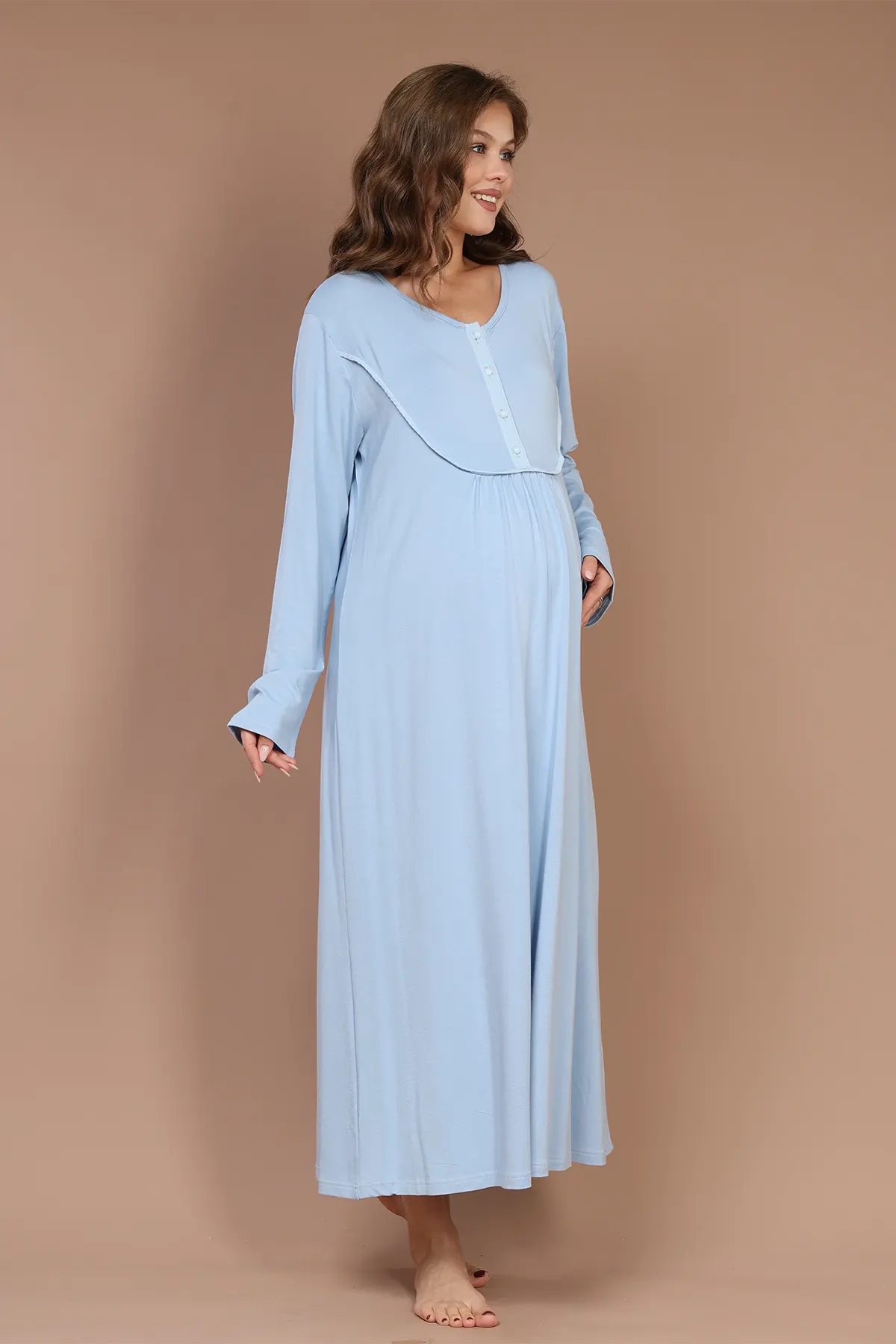 Collar Detailed Maternity-Nursing Nightgown & Robe Set Blue - 610