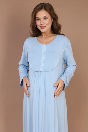 Collar Detailed Maternity-Nursing Nightgown & Robe Set Blue - 610