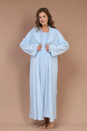 Collar Detailed Maternity-Nursing Nightgown & Robe Set Blue - 610