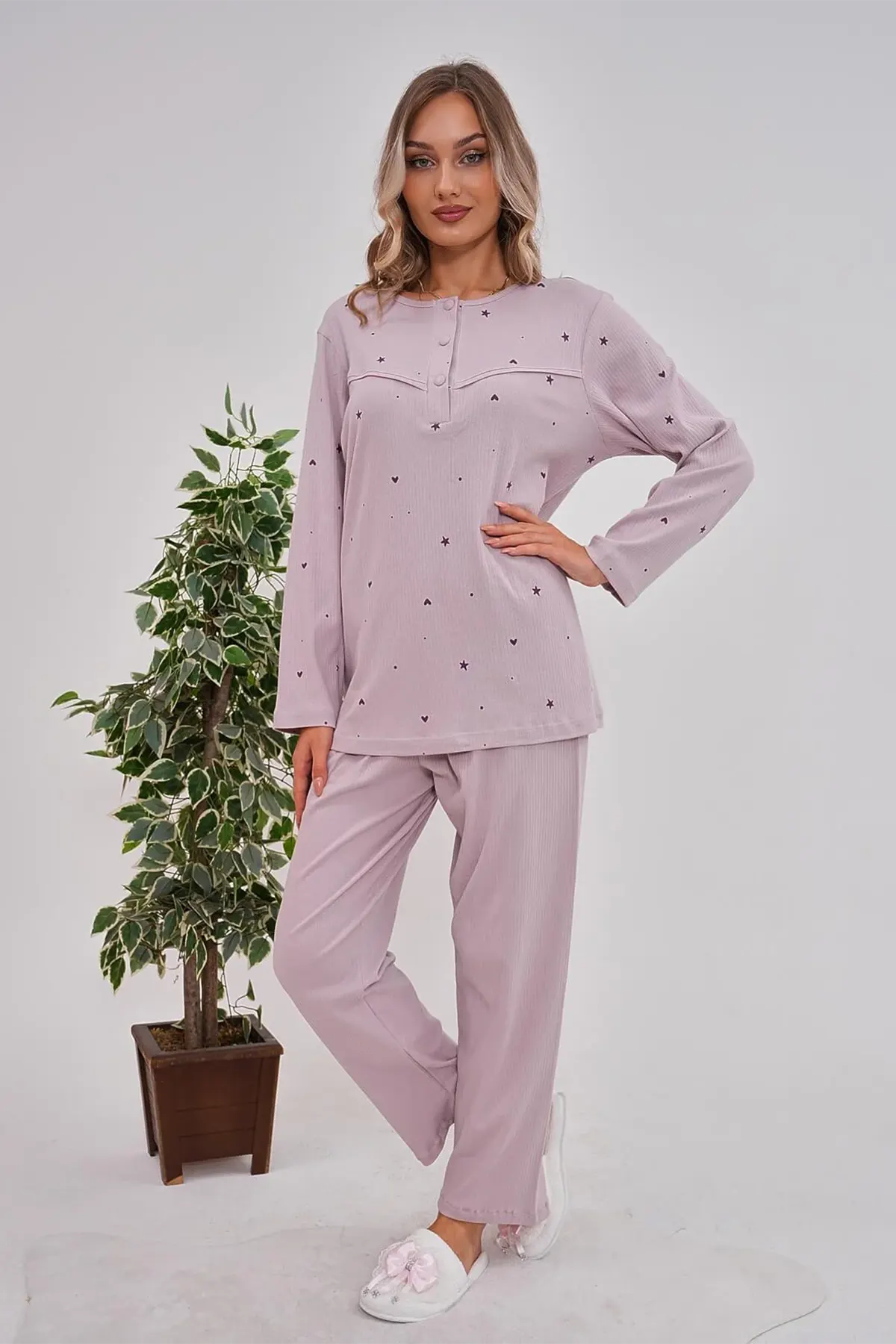 Heart Patterned Cotton Plus Size Maternity & Nursing Pajamas Lilac - 6150