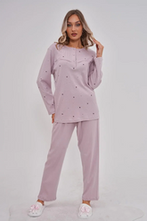 Heart Patterned Cotton Plus Size Maternity & Nursing Pajamas Lilac - 6150