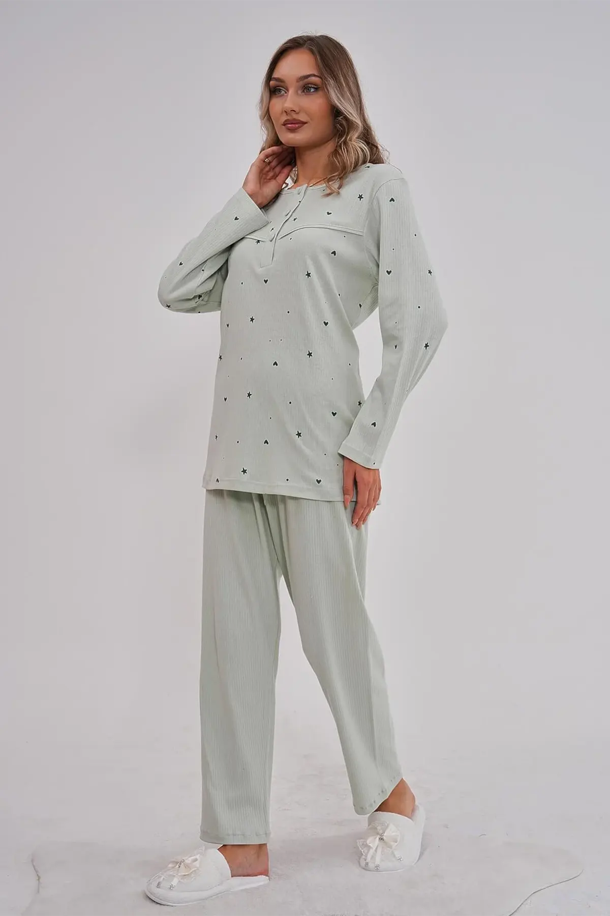 Heart Patterned Cotton Plus Size Maternity & Nursing Pajamas Green - 6150