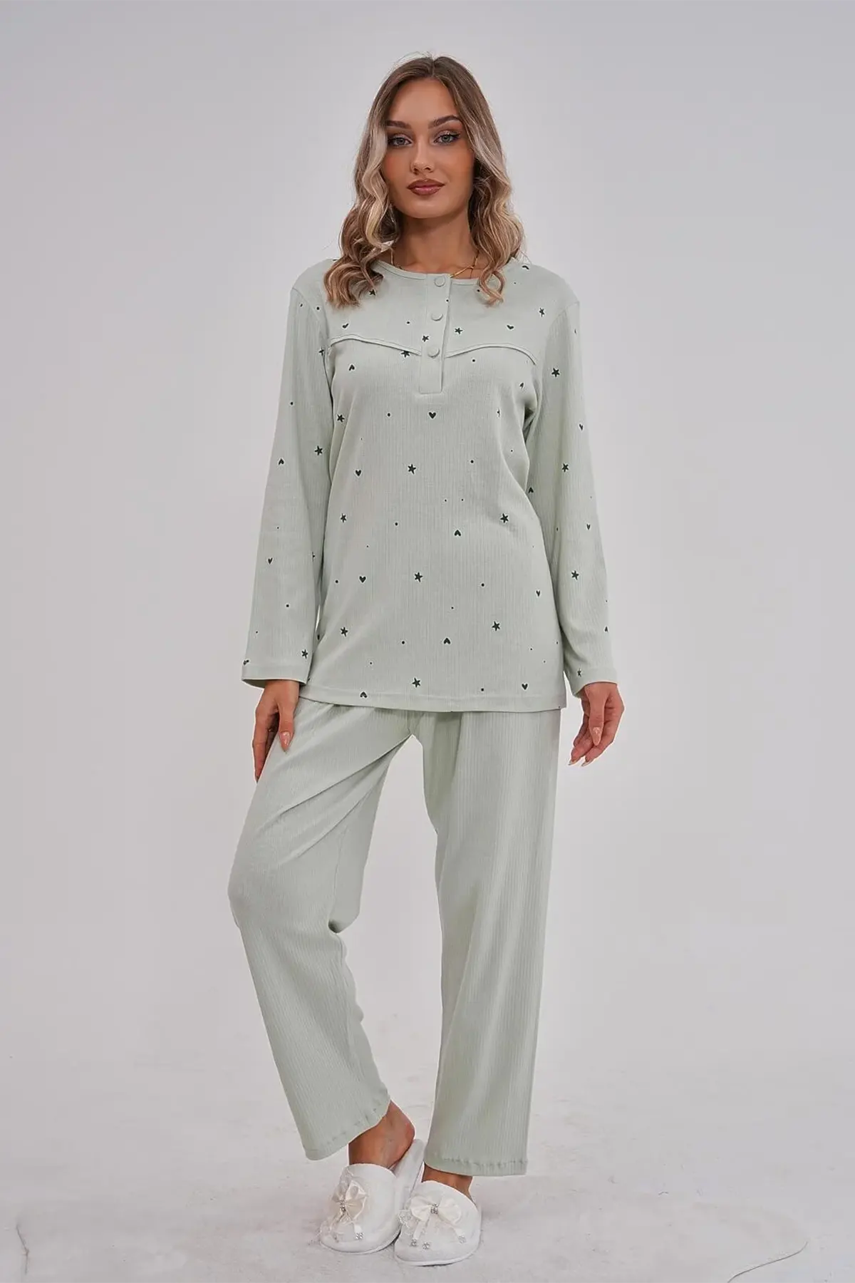 Heart Patterned Cotton Plus Size Maternity & Nursing Pajamas Green - 6150