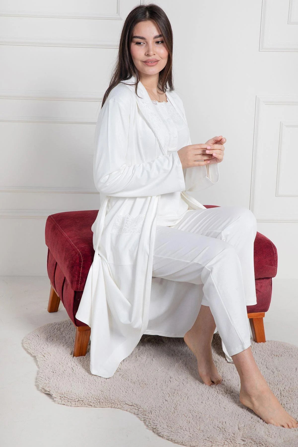 Lace Collar 3-Piece Maternity-Nursing Pajama & Robe Set Ecru - 6155