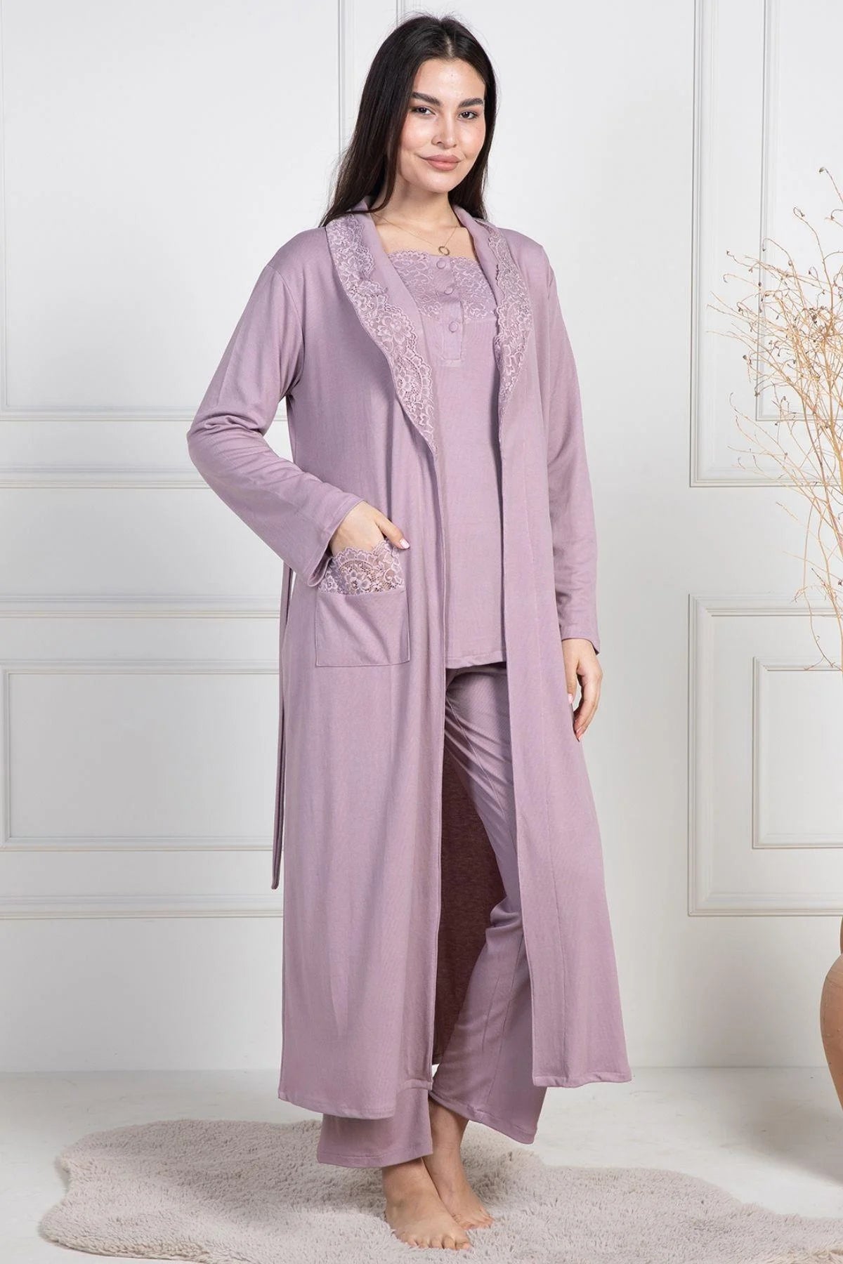 Lace Collar 3-Piece Maternity-Nursing Pajama & Robe Set Dried Rose - 6155