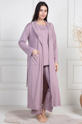 Lace Collar 3-Piece Maternity-Nursing Pajama & Robe Set Dried Rose - 6155