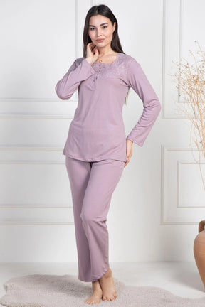 Lace Collar 3-Piece Maternity-Nursing Pajama & Robe Set Dried Rose - 6155