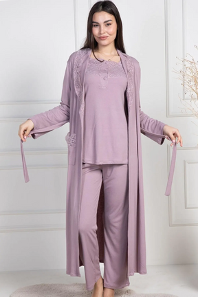 Lace Collar 3-Piece Maternity-Nursing Pajama & Robe Set Dried Rose - 6155