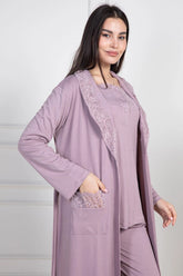 Lace Collar 3-Piece Maternity-Nursing Pajama & Robe Set Dried Rose - 6155