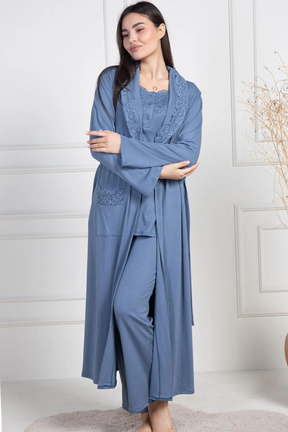 Lace Collar 3-Piece Maternity-Nursing Pajama & Robe Set Indigo - 6155