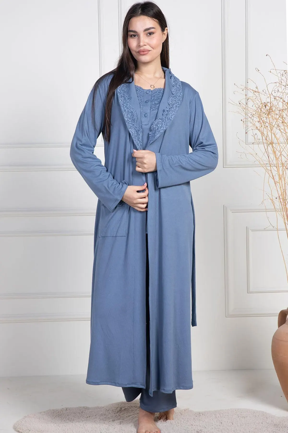 Lace Collar 3-Piece Maternity-Nursing Pajama & Robe Set Indigo - 6155