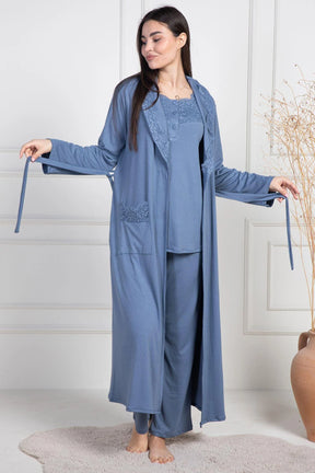 Lace Collar 3-Piece Maternity-Nursing Pajama & Robe Set Indigo - 6155