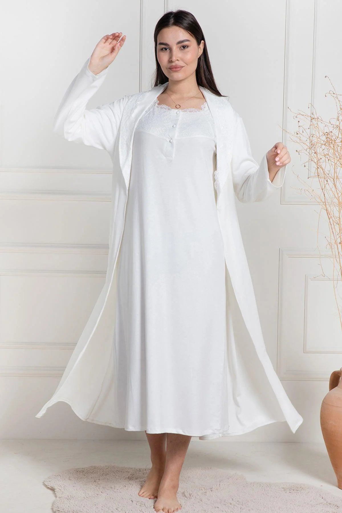 Lace Collar Maternity-Nursing Nightgown & Robe Set Ecru - 6156