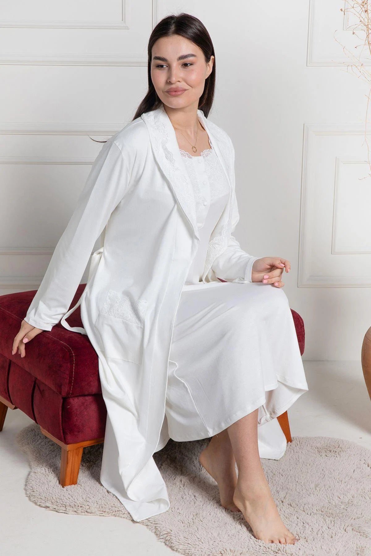 Lace Collar Maternity-Nursing Nightgown & Robe Set Ecru - 6156