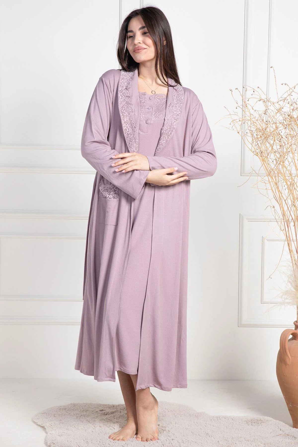 Lace Collar Maternity-Nursing Nightgown & Robe Set Dried Rose - 6156