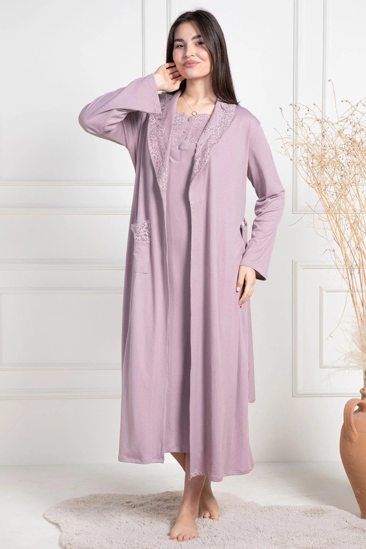 Lace Collar Maternity-Nursing Nightgown & Robe Set Dried Rose - 6156