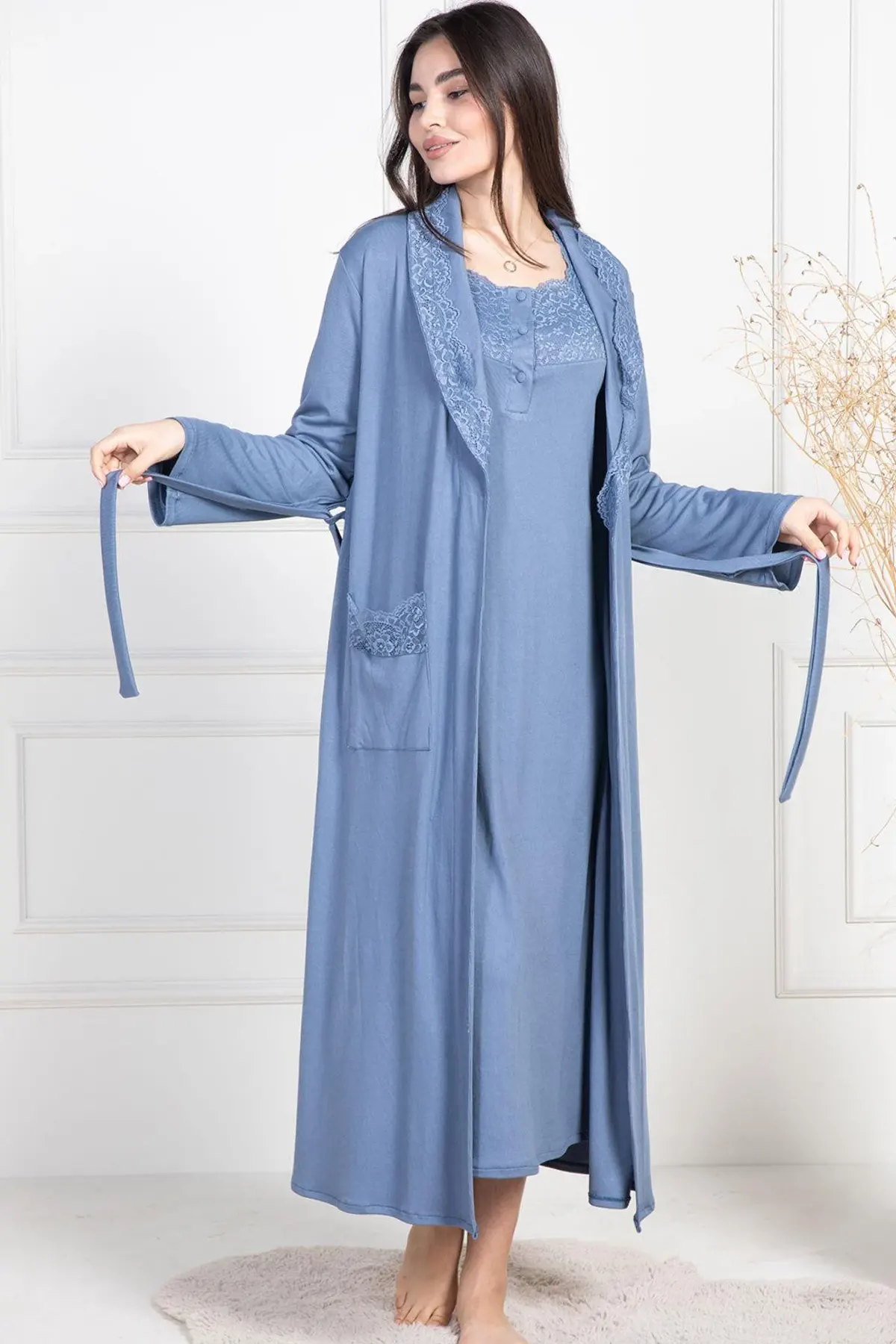 Lace Collar Maternity-Nursing Nightgown & Robe Set Indigo - 6156