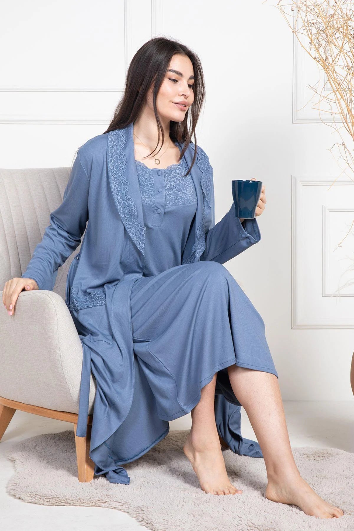 Lace Collar Maternity-Nursing Nightgown & Robe Set Indigo - 6156