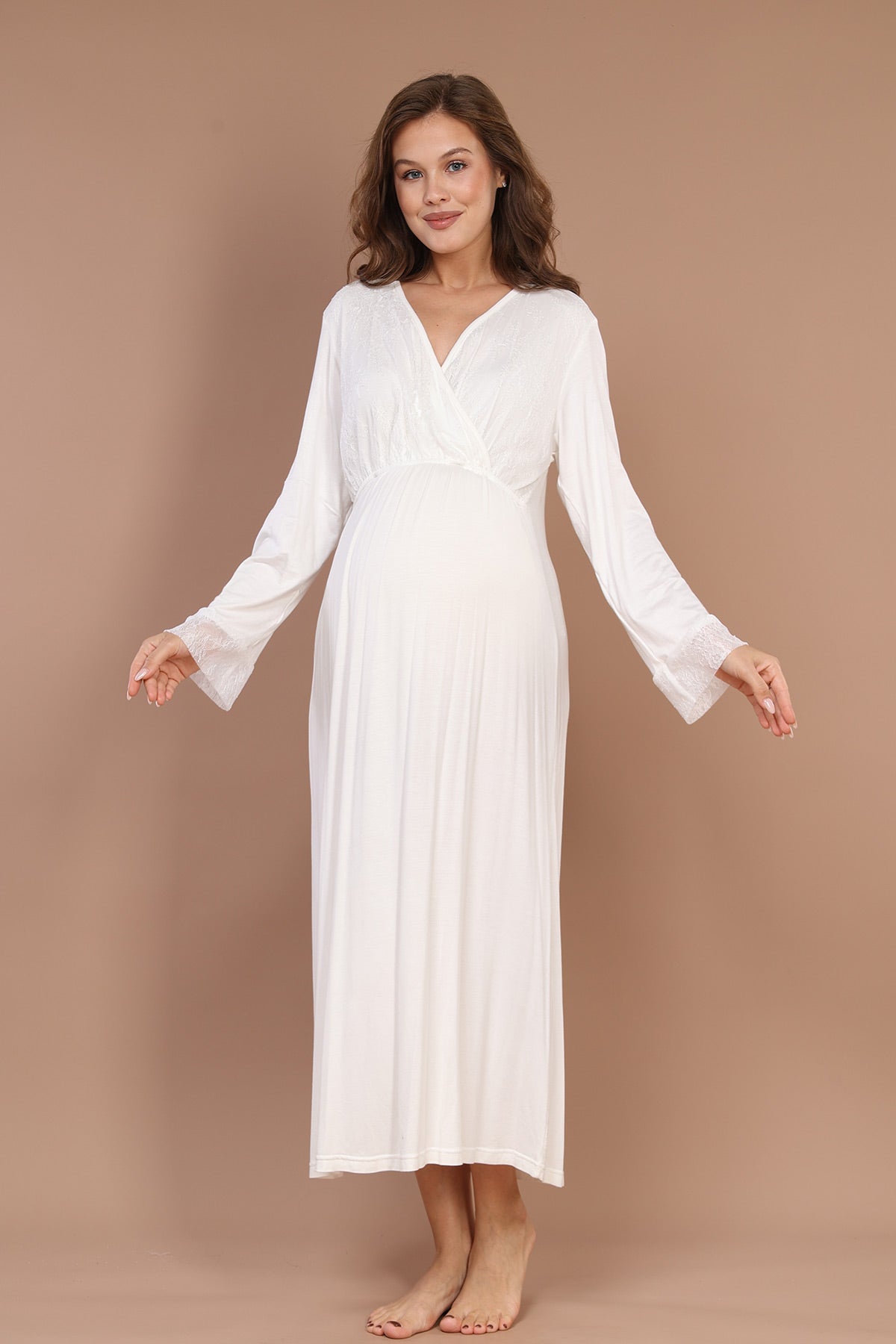 Lacy Collar Maternity-Nursing Nightgown & Robe Set Ecru - 616